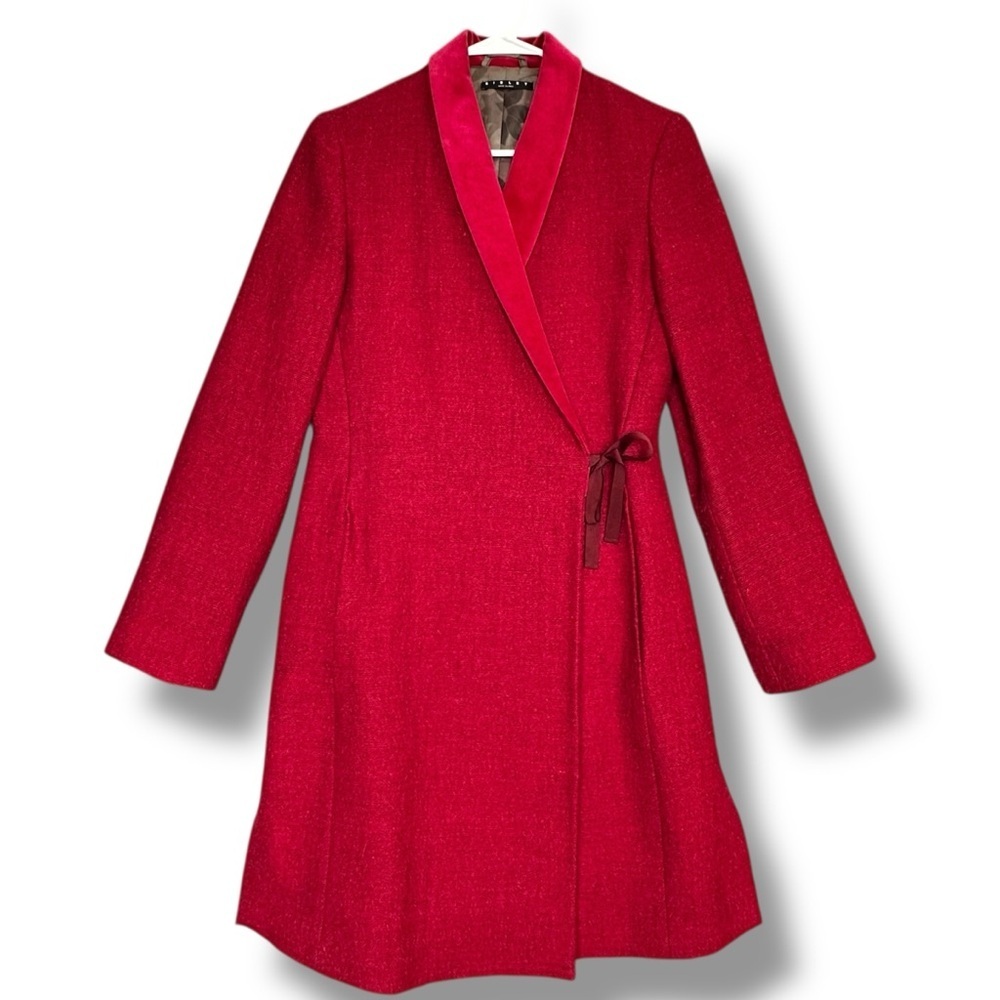 Sisley Italy Red Virgin Wool Wrap Coat Velvet Shawl Collar Tie Close Size 38/40